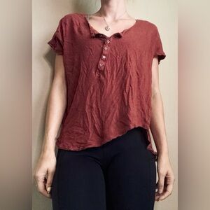 Free People We The Free Asymmetrical Henley Short Sleeve S Red Brown